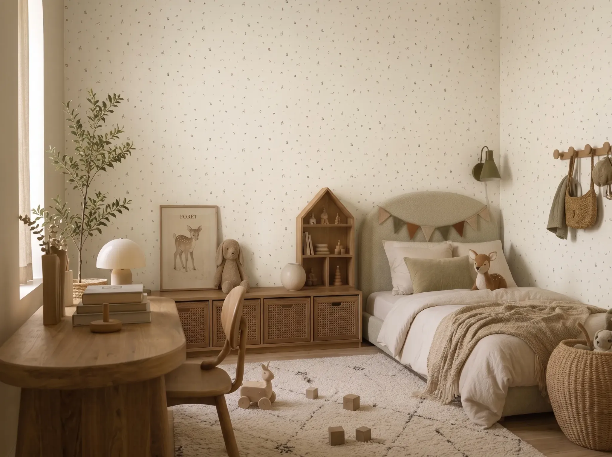 Kinderzimmer in Naturtönen mit cremefarbener Tiermotiv-Tapete, Holzmöbeln und weichen Textilien