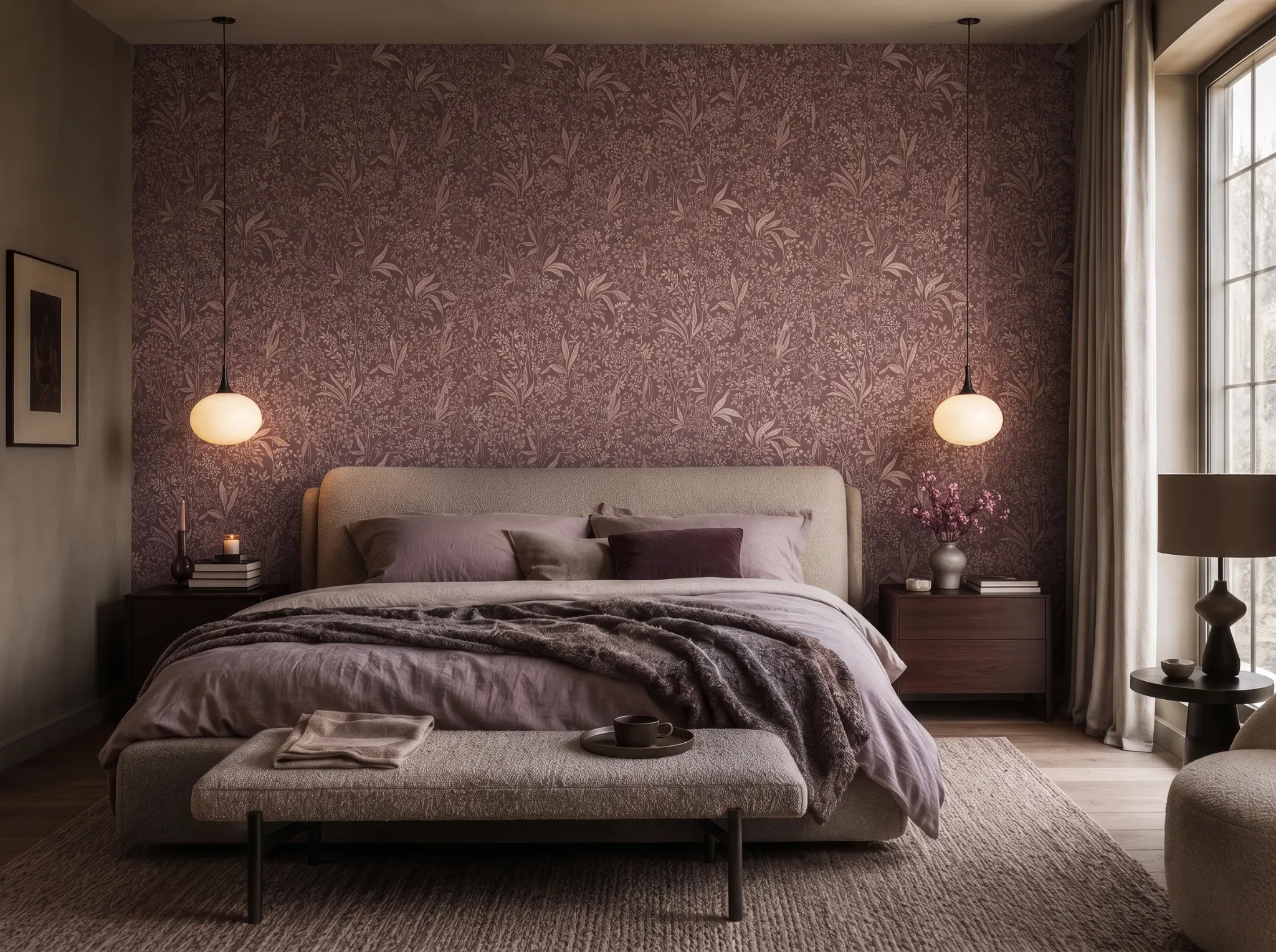 Schlafzimmer mit violetter floraler Wandgestaltung, gepolstertem Bett und ruhiger Materialpalette