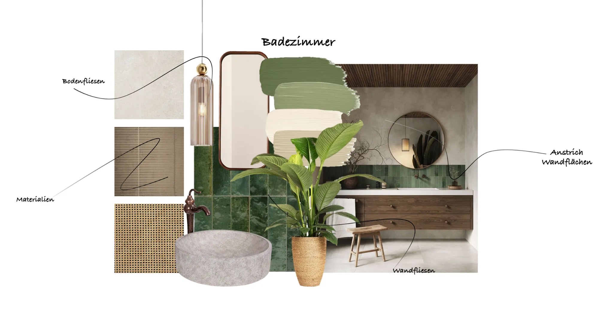Moodboard für ein Badezimmer mit grünen Fliesen, Naturmaterialien und handschriftlichen Notizen